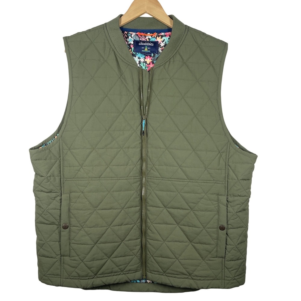 Chubbies Mens XL Quilted Puffer Vest Olive Green Floral Lining Full Zip Bomber